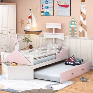 Modfu - Lit enfant 90x200cm, en bois, lit simple, forme voilier, coffre de rangement au bout du lit, rose + blanc, avec lit gigogne