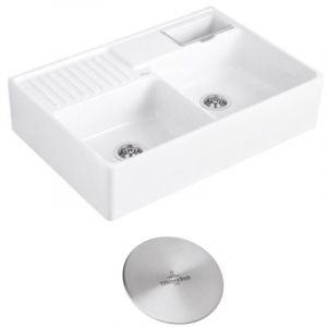 Evier timbre d'office villeroy et boch Tradition 2 bacs 89,5 x 63 céramique vidage auto blanc + Cache bonde acier massif