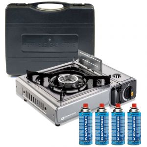 Réchaud à gaz 2200W INOX + 4 cartouches de gaz KEMPER