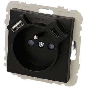 Prise de courant 16A 2P+T noire mat Efapel Logus 90 usb a + usb c