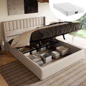 Lit coffre 160x200 cm, lit double rembourr&eacute;, lit adulte hydraulique avec sommier &agrave; lattes en bois massif, tissu en lin beige, matelas inclus