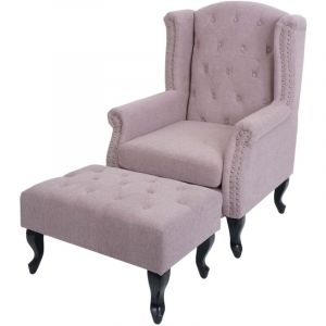 HHG - jamais utilis&eacute;] fauteuil Chesterfield, fauteuil relax fauteuil club fauteuil &agrave; oreilles, tissu/textile hydrofuge, rose clair avec ottomane