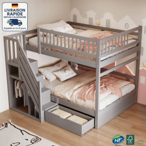 Lit superposé 140x200 cm,Bois Certifié pefc ,Lit de sécurité renforcé avec barrières hautes, sommier à lattes, échelle de sécurité avec rangement,