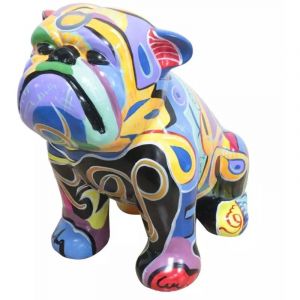 Statue chien bulldog avec tags abstraits multicolores H43 cm - taz
