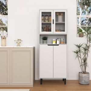 Vitrine avec portes en verre et compartiments de rangement, plateau réglable, meuble de rangement pour salon et chambre, 60 x 35 x 100 cm, Blanc
