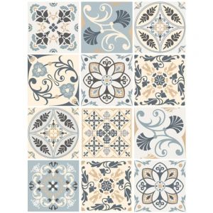 Planche de 12 Stickers Carreaux de Ciment Royal Beige &ndash; Autocollants Muraux D&eacute;coratifs Beige Naturel &ndash; 10 x 10 cm