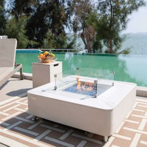 Brasero ext&eacute;rieur annecy Brasero au gaz de table pour ext&eacute;rieur, salon de jardin en b&eacute;ton gfrc, plateau de table en porcelaine aspect marbre blanc