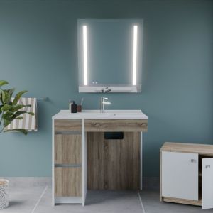 Cuisibane - Meuble salle de bain pmr andy plus 90 cm bois et blanc + miroir Rota Plus- Vasque &agrave; droite