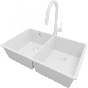 Evier Sous Plan 76x47cm, Evier en Granit 2 bacs + Robinet 40x20cm + Kit de Vidage, &Eacute;vier au meuble 80cm - London Twin, Tout Blanc - Primagran