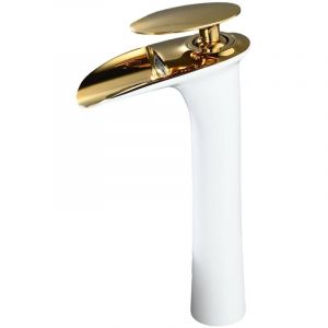 Mitigeur Salle de Bain Cascade: Robinet de Lavabo Blanc et Or - Robinet Haut pour Vasque - Robinettrie en Laiton