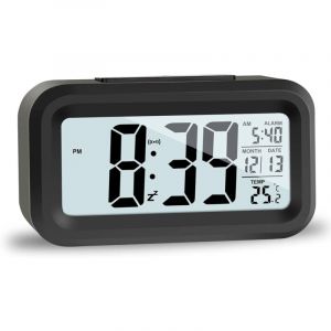 Réveil Digital Réveil Matin, Horloge Numérique Réveil à Pile Silencieux pour Enfants Adultes Grand écran led Température Calendrier(Noir)