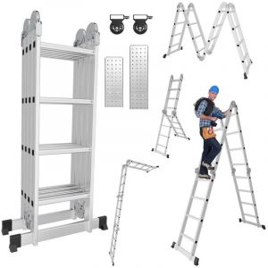 SWANEW Echelle pliante articul&eacute;e 4x4 marches, echafaudage multifonction, ecarteur de mur, escabeau, 2 plaques plateforme de travail