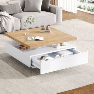 Wishdor - Table basse carrée blanche brillante et bois avec tiroir, pivotant à 360°, table centrale pivotante à 2 niveaux