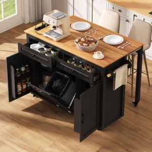 &Icirc;lot de cuisine sur roulettes, chariot de cuisine mobile avec coin repas extensible, multiprise, plan de travail, compartiment poubelle, noir