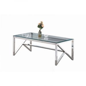 Table Basse MAJESTIQUE Rectangle Plateau Verre Tremp&eacute; Transparent Pieds Chrome 120x60x45cm