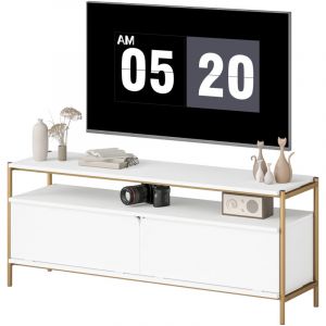 Meuble TV meuble t&eacute;l&eacute; pour t&eacute;l&eacute;viseur jusqu'&agrave; 55 pouces avec 2 portes rabattables et &eacute;tag&egrave;re ouverte, 124x35x50cm, blanc