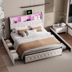 Blanketswarm - Lit Capitonné 180x200 avec Rangement,Lit 180x200 avec Tiroirs Rangement Lit Double avec Rangement Lit Coffre Led et usb Cadre de Lit