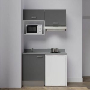Kitchenette K02L - 120 cm avec plan monobloc, emplacement frigo, hotte et micro-ondes-Gris-Cromo-évier à gauche