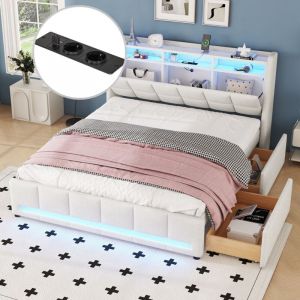 Lit 140x200 cm, 2 places, avec 2 tiroirs, tête de lit de rangement caché, led, port usb, sommier à lattes en bois, lit capitonné en lin - Beige