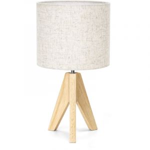 EDISHINE Lampe de chevet en bois, lampe de table avec abat-jour en lin beige, ampoule LED E27 incluse, H36 cm, tr&eacute;pied vintage