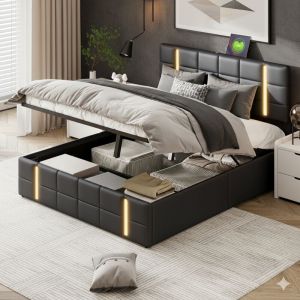 Lit 140x200cm - Lit Coffre 140x200 - Lit Double - Cadre de Lit - T&ecirc;te de Lit LED RGB, 2 Ports USB et Rangement - Similicuir Noir