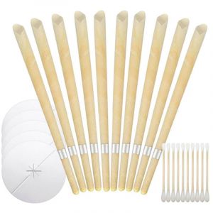 Bougies oreille cire d&rsquo;abeille bio, kit 10 c&ocirc;nes + 5 disques protection, d&eacute;bouchage naturel