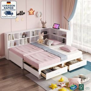 Lit superposé enfant 90/180x190cm -Lit gigogne - Avec lit gigogne, compartiment de rangement, prise européenne multifonctionnelle - Bois Certifié
