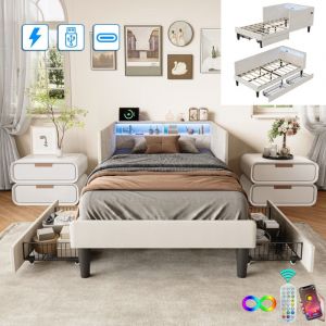 Lit simple 90x200 cm avec 2 tiroirs, t&ecirc;te de lit LED et rangements, chargement USB + Type-C, base &agrave; lattes, tissu velours, lit enfant - Beige