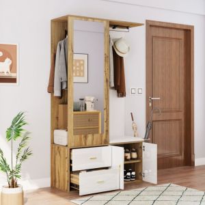 Redom - Ensemble de vestiaires en bois avec miroir, armoire à chaussures, banc et tringle à vêtements extensible, blanc, 100x38x180 cm