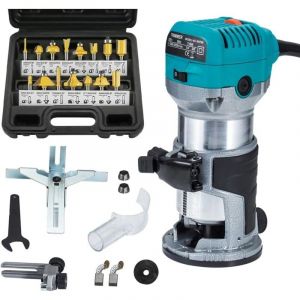 Affleureuse D&eacute;fonceuse Trimmer Router Fraiseuse &Eacute;lectrique Outil &agrave; Bois 710W Pince 8mm 6.35mm + Coffret de 15 Fraises &agrave; d&eacute;foncer Queue de 1/4' pour