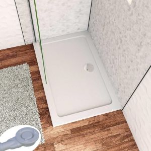 Receveur de douche à l'italien 80x70cm H.3cm, blanc, rectangulaire, avec une bonde H.55mm Design ultra-mince, Bac à douche extra-plat en résine