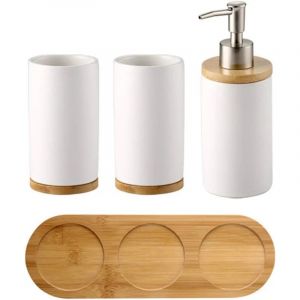 Lot de 4 Ensemble d'accessoires de Salle de Bain en c&eacute;ramique, Porte-Brosse &agrave; Dents, Distributeur de Savon, Gobelet, Plateau en Bambou(Blanche)