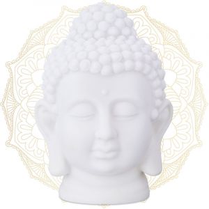 T&ecirc;te de bouddha, lot de 2, statuette en plastique, HxlxP: 17x12x10 cm, d&eacute;co feng shui, pour salon, salle de bains, blanc
