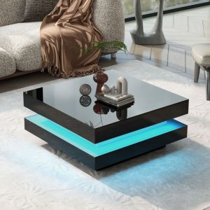 Table basse carr&eacute;e 16 couleurs LED 70x70x36cm Rotation &agrave; 360 Degr&eacute;s Design double couche Noir brillant Canap&eacute; table salon
