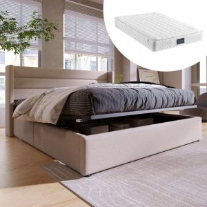 Lit coffre adulte 160x200cm, hydraulique, sommier à lattes en bois, lin, beige, avec matelas
