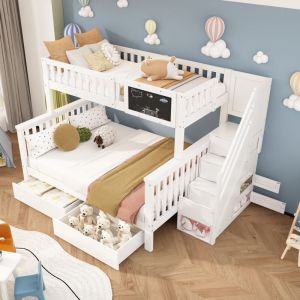 Lit superposé enfants 90x200+140x200 cm, lit 2 place en bois, lit multifonctionnel, tableau et tiroirs, blanc (sans matelas)