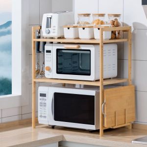 Support Micro-Ondes en Bois Support pour Four à Micro-Ondes Etagère de Cuisine à 2 Niveaux avec 4 Crochets étagère de Cuisine Hauteur réglable (3