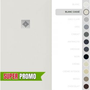 SOULBATH Receveur de Douche -R&eacute;sine -Gel Coat -Texture Lisse/Pierre -Antid&eacute;rapant -Couleur Blanc Cass&eacute; - 140X75- Extra plat 3cm. Bonde de Vidage