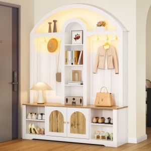 Vestiaire d'entr&eacute;e - Armoire d'entr&eacute;e 150 x 40 x 195 cm, rangement chaussures et manteaux, MDF , portes effet bois - blanc