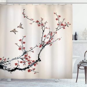 Linghhang - La Nature Rideau de Douche, Oiseaux de Style Art, Tissu Ensemble de D&eacute;cor de Salle de Bain avec Crochets, 180 cm x 180 cm, Noir Bourgogne