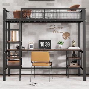 Roomfitters - Lit Superposé en Fer, Lit pour Adolescents, Table et Étagère, Échelle à 4 Niveaux, Fer + Panneau de Particules, Noir + Bois Foncé,