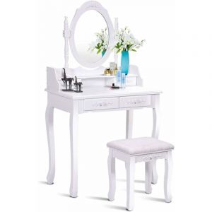 Coiffeuse Table de Maquillage 75x40x145CM avec Miroir Ovale 1 Tabouret Pieds en Pin et 4 Tiroirs Blanche - Costway