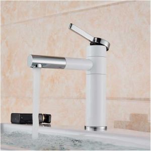 Robinet de lavabo de salle de bain cylindrique noir simple et contemporain, Mitigeur de lavabo - Blanc-Chrome,20cm