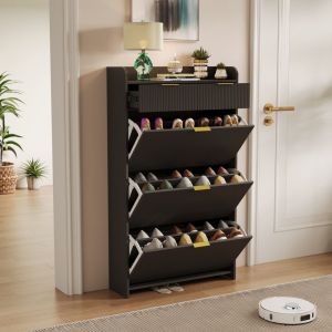 Meuble &agrave; chaussures 113,5 cm, avec 3 compartiments &agrave; bascule et 2 tiroirs, capacit&eacute; de 24 paires, design moderne et &eacute;pur&eacute; - Noir