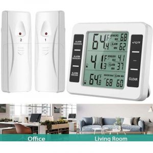 Thermomètre Frigo, Thermometre Réfrigérateur avec Alarme Congélateur, Thermomètre Intérieur Extérieur Sans Fil avec 2 Capteurs, MIN/MAX et Alarme
