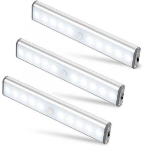 Lot de 3 Lampes 10 led, Sans Fil, Rechargeable par usb, Aimant&eacute;, D&eacute;tecteur de Mouvement, 2 Modes d'&Eacute;clairage, Portable. Lumi&egrave;re de Placard, Baladeuse