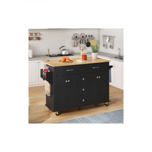 Chariot de cuisine multifonction avec plateau rabattable extensible 120&times;65 cm, 5 tiroirs, placards, porte-&eacute;pices et porte-serviettes, sur roulettes &ndash;