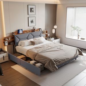 Lit coffre 140x200, Lit 140 x 200 avec sommier, Lit rembourr&eacute; ergonomique avec t&ecirc;te de lit inclin&eacute;e &agrave; 95&deg; et double rangement cach&eacute;