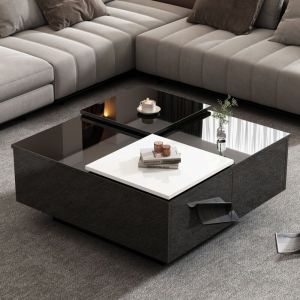 Wishdor - Table basse carrée noire brillance avec espace de rangement et petit plateau coulissant
