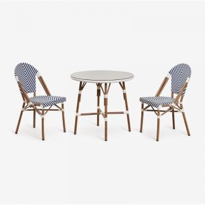 Sklum - Ensemble table ronde Brielle Bistro (80 cm de diamètre) et deux chaises de jardin empilables en aluminium Bleu Ken - Blanc Gardenia